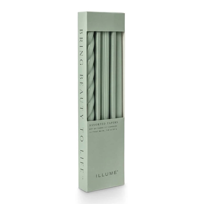 A tall rectangular box of ILLUME assorted taper candles in a sage green color, shown on a clean white background. The box has a clear window revealing the tapers inside.