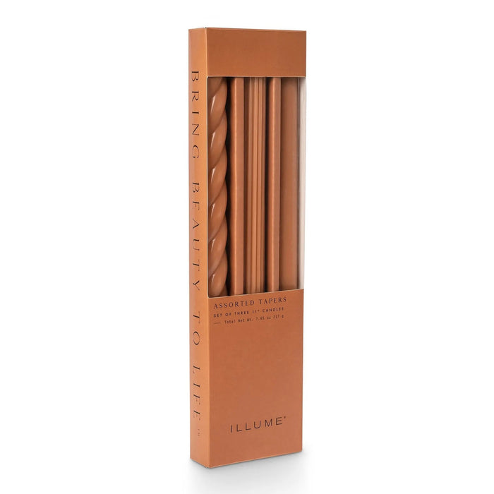 A tall rectangular box of ILLUME assorted taper candles in an orange terracotta color, shown on a clean white background. The box has a clear window revealing the tapers inside.