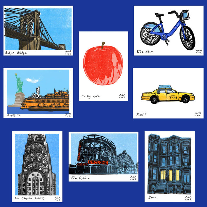 A collage of seven New York City-themed art prints on a solid blue background. The prints depict the Brooklyn Bridge, a blue bike, the Statue of Liberty, an apple, a yellow taxi, The Chrysler Building, the Staten Island Ferry, The Cyclone, and a brownstone.