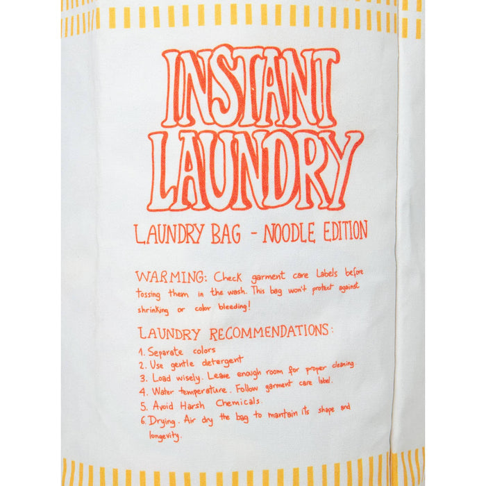 Laundry bag labeled 'Instant Laundry - Noodle Edition' with text and yellow stripes on a white background.