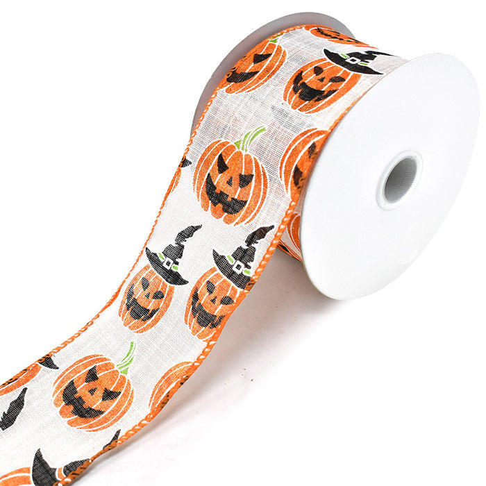 Jack-O-Lantern Linen Wired Edge Halloween Ribbon, White, 2-1/2-Inch, 10-Yard