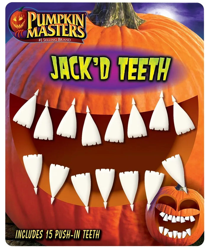 Pumpkin Masters Jack'd Teeth Halloween novelty mouthpiece set, featuring 15 white push-in teeth displayed over a large orange jack-o'-lantern graphic with the brand logo and product title.