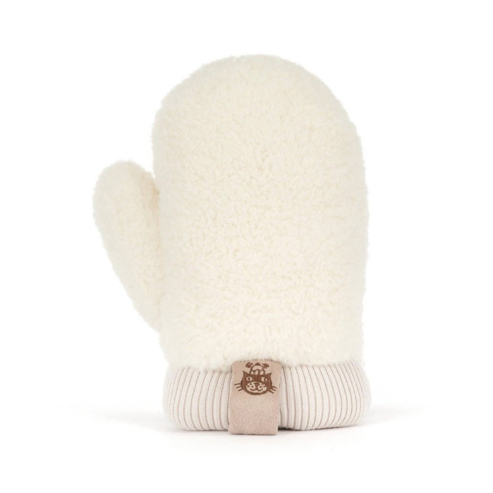 A plush winter mitten toy in a warm taupe-brown fabric with cream sherpa trim, back view, shown on a clean white background.