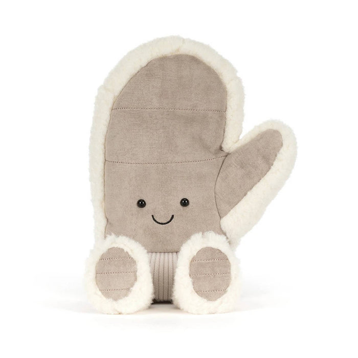 A plush winter mitten toy in a warm taupe-brown fabric with cream sherpa trim, featuring a simple embroidered smiley face and small feet, front view, shown on a clean white background.