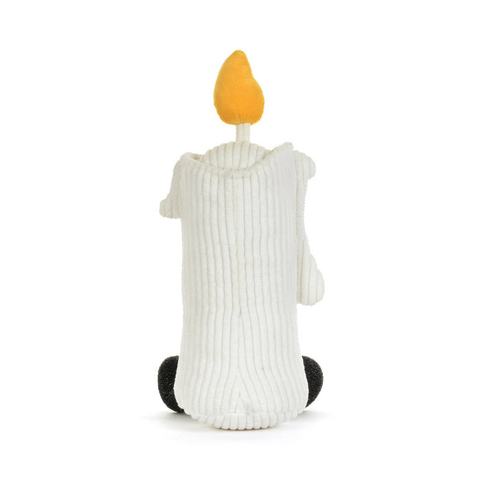 A white corduroy ghost candle plush toy with a yellow-orange flame on top, back view, shown on a plain white background.