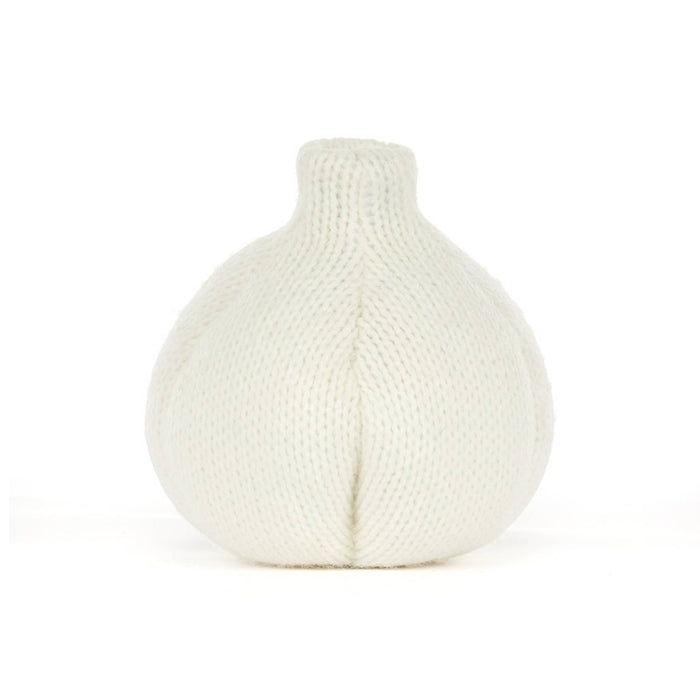 A knitted garlic plush toy in off-white, back view, shown on a clean white background.