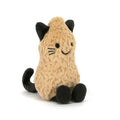 A plush peanut toy in a warm beige/tan color with black cat ears, paws, whiskers, and tail, front angle view, sitting against a plain white background.