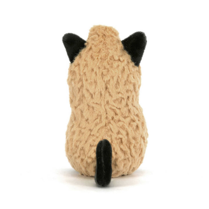 A plush peanut toy in a warm beige/tan color with black cat ears, paws, whiskers, and tail, back view, sitting against a plain white background.
