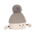 Jellycat Amuseables Pomilly gray knit hat with pompom, front angle view on a plain white background.