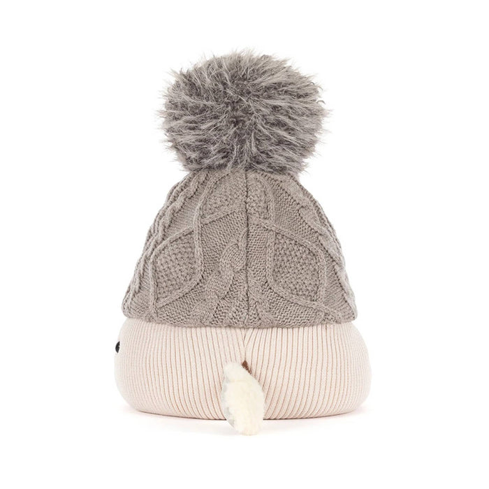 Jellycat Amuseables Pomilly gray knit hat with pompom, side view on a plain white background.