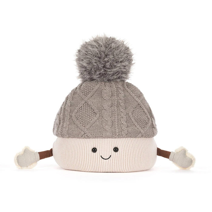 Jellycat Amuseables Pomilly gray knit hat with pompom, front view on a plain white background.