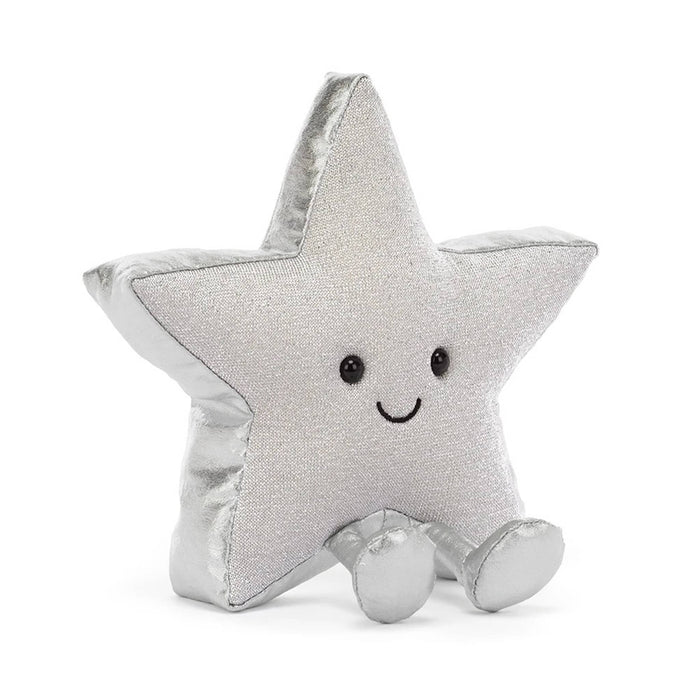 A silver glittery star-shaped plush toy with a smiling embroidered face and small feet, front angle view, photographed on a clean white background.