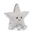A silver glittery star-shaped plush toy with a smiling embroidered face and small feet, front angle view, photographed on a clean white background.