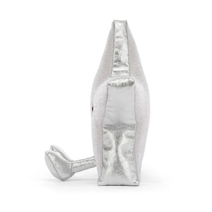 A silver glittery star-shaped plush toy with a smiling embroidered face and small feet, side view, photographed on a clean white background.