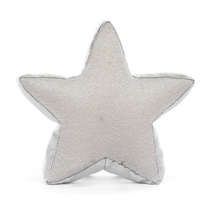A silver glittery star-shaped plush toy with a smiling embroidered face and small feet, back view, photographed on a clean white background.