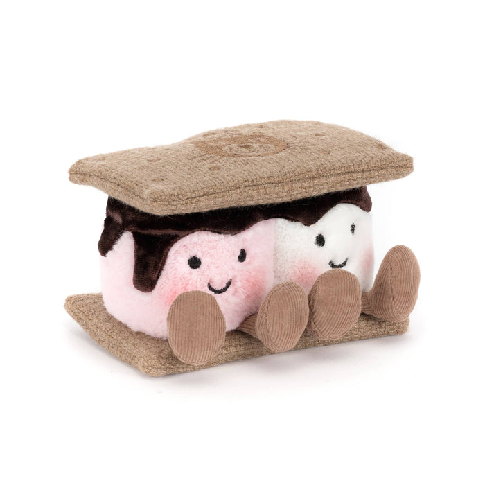 Plush toy resembling graham crackers with pink and white marshmallows with chocolate, front angle view, on a white background.