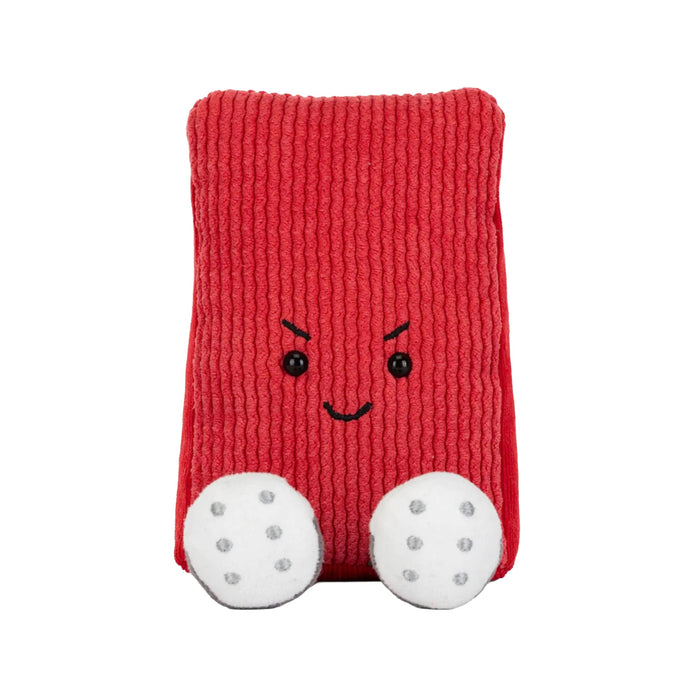 Soccer red card plush toy with a mischievous face, front view, on a white background.