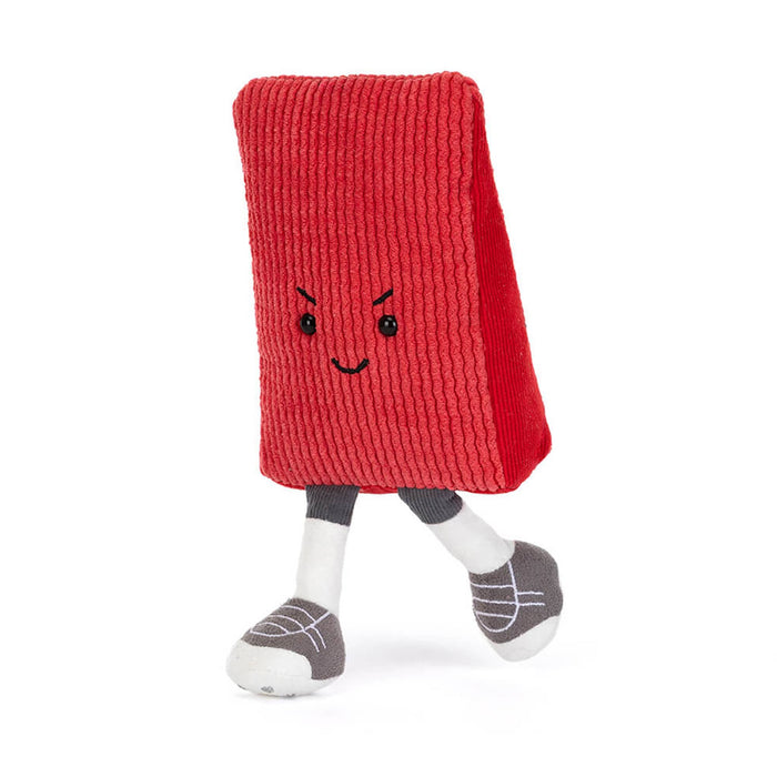Soccer red card plush toy with a mischievous face, running, on a white background.