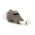Soccer whistle gray plush toy with smile and cord loop, front angle view, laying down on a white background.