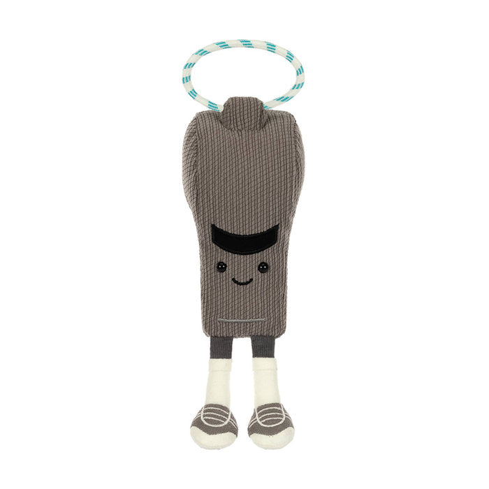 Soccer whistle gray plush toy with smile and cord loop, front view, standing on a white background.