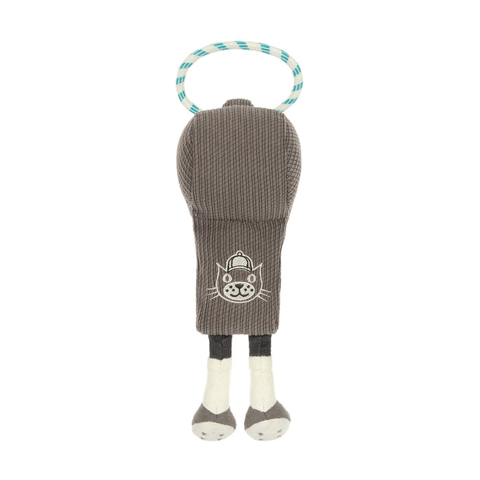 Soccer whistle gray plush toy with cord loop, back view with logo, standing on a white background.