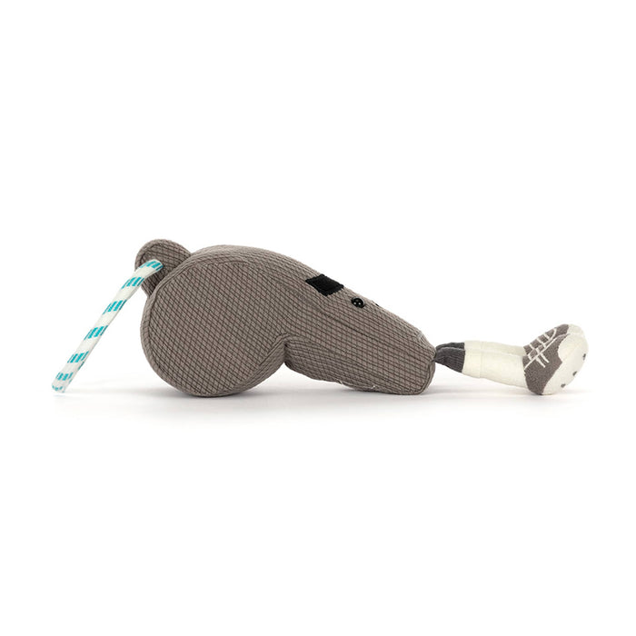 Soccer whistle gray plush toy with smile and cord loop, side view, laying down on a white background.