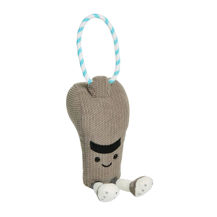 Soccer whistle gray plush toy with smile and cord loop, front angle view, sitting on a white background.