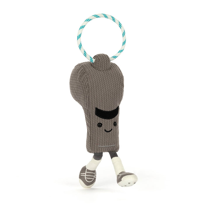 Soccer whistle gray plush toy with smile and cord loop, front angle view, walking on a white background.