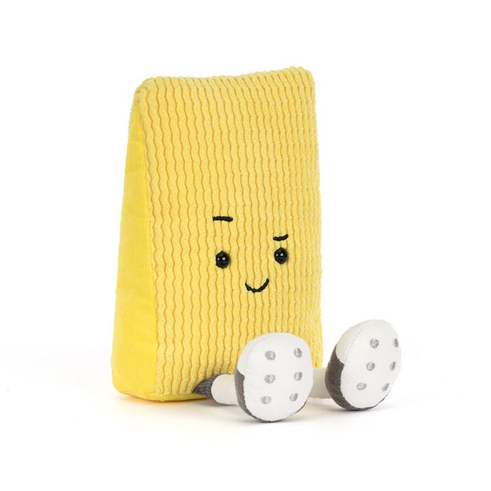 Soccer yellow card plush toy with a raised eyebrow and smile, front angle view, on a white background.
