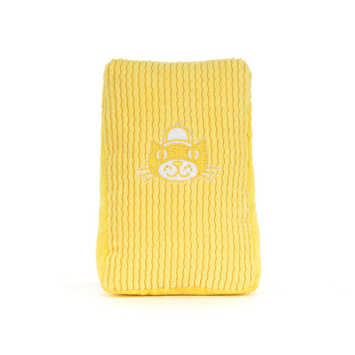 Soccer yellow card plush toy with a jellycat logo, back view, on a white background.