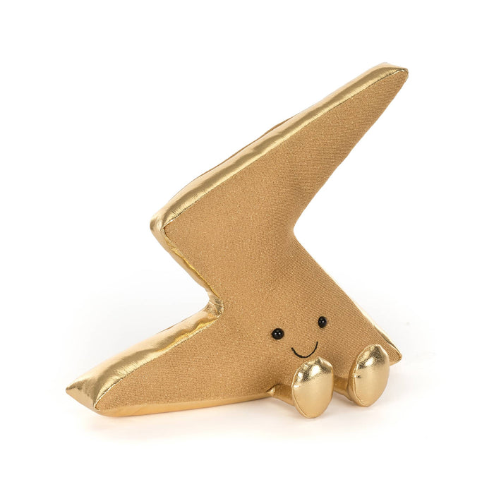Plush toy resembling a gold lightning bolt with smiling face, front angle view, on a white background.