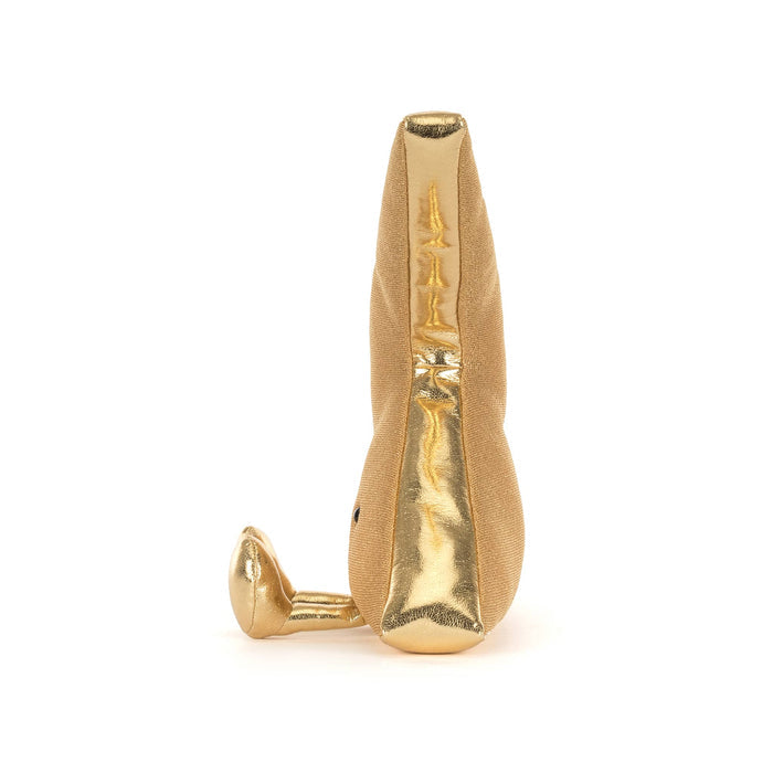 Plush toy resembling a gold lightning bolt with smiling face, side view, on a white background.