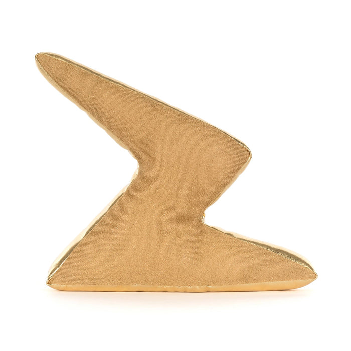 Plush toy resembling a gold lightning bolt with smiling face, back view, on a white background.