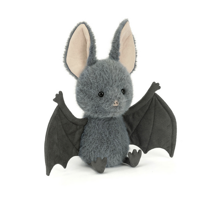 Jellycat Broox Bat plush toy front angle view, on a white background.
