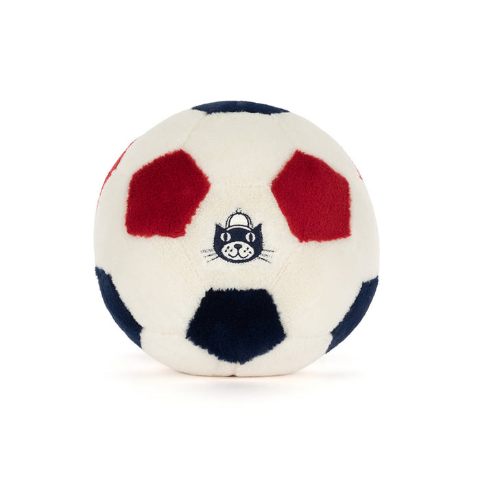 Plush toy soccer ball in red, white, and blue back view with Jellycat logo, sitting on a white background.