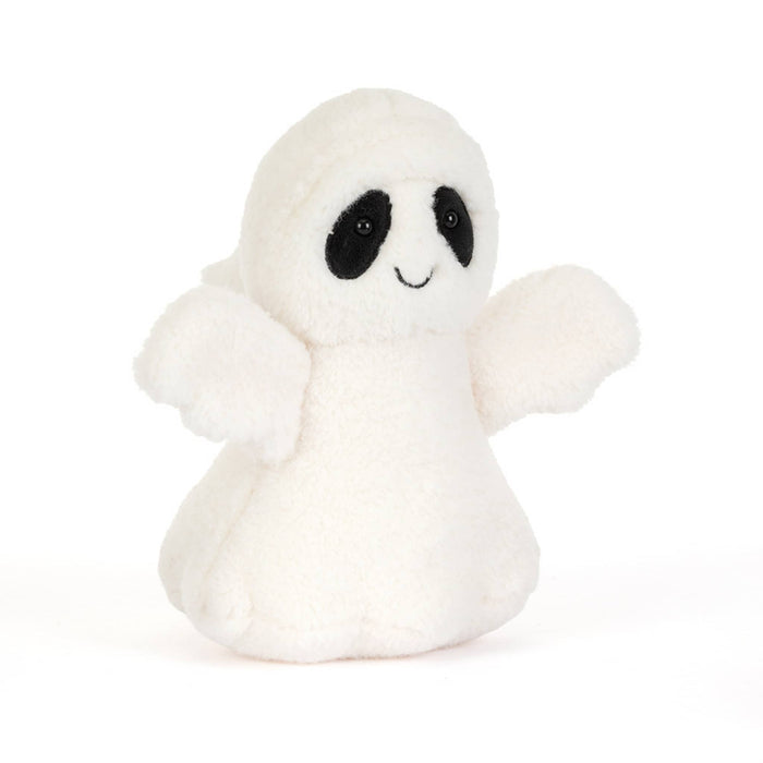 A small white plush ghost toy with black embroidered eyes and a simple stitched smile, front angle view shown against a plain white background.