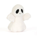 A small white plush ghost toy with black embroidered eyes and a simple stitched smile, front angle view shown against a plain white background.