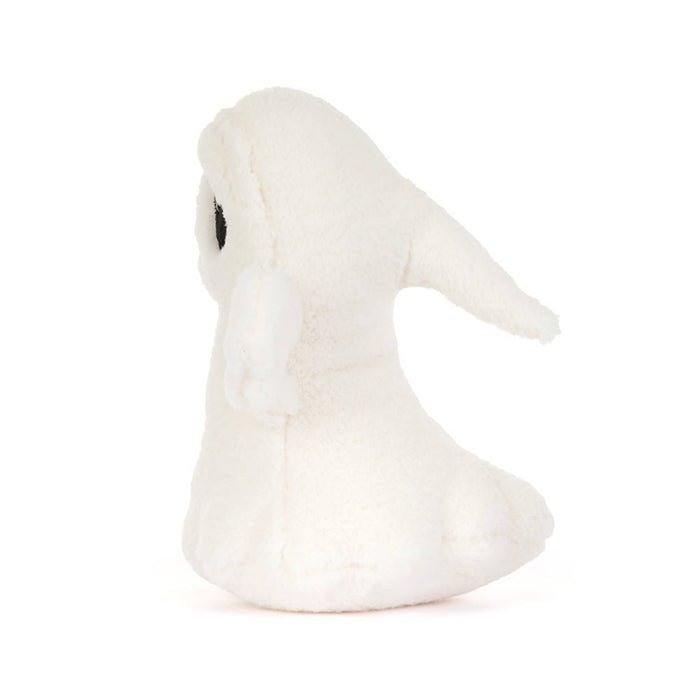 A small white plush ghost toy with black embroidered eyes and a simple stitched smile, side view shown against a plain white background.
