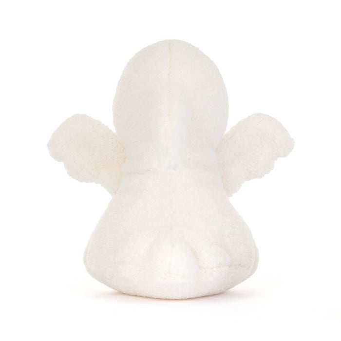 A small white plush ghost toy with black embroidered eyes and a simple stitched smile, back view shown against a plain white background.
