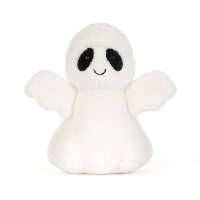 A small white plush ghost toy with black embroidered eyes and a simple stitched smile, front view shown against a plain white background.