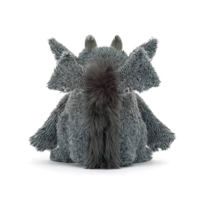 A gray plush gargoyle toy with large pointed ears, small horns, wings, and a plush strip, back view, against a clean white background.