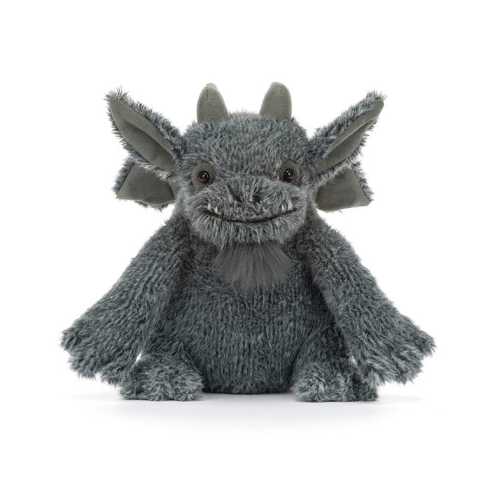A gray plush gargoyle toy with large pointed ears, small horns, and a stitched smiling face, front view, against a clean white background.
