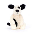 Jellycat bashful black & cream puppy small plush toy, front view, on a white background.