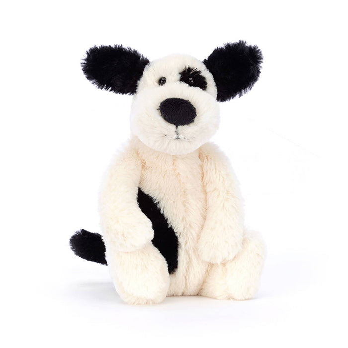 Jellycat bashful black & cream puppy small plush toy, front view, on a white background.
