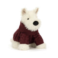 A plush white dog wearing a burgundy cable-knit sweater, front angle view on a plain white background.