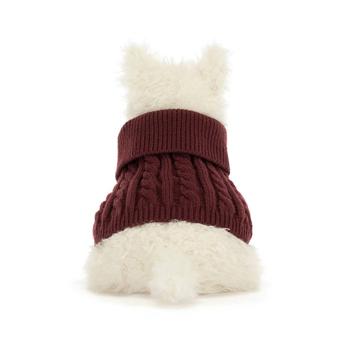 A plush white dog wearing a burgundy cable-knit sweater, back view on a plain white background.