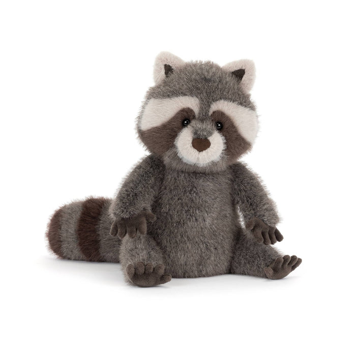 Jellycat Trixiwoo Raccoon plush toy, front angle view on a white background.