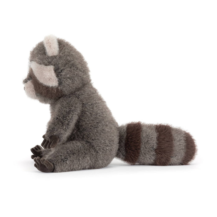 Jellycat Trixiwoo Raccoon plush toy, side view on a white background.