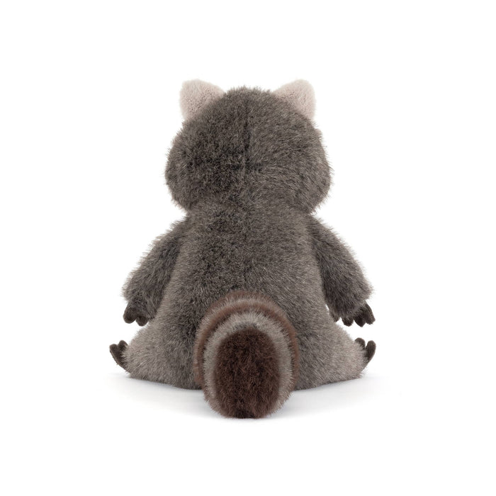 Jellycat Trixiwoo Raccoon plush toy, back view on a white background.