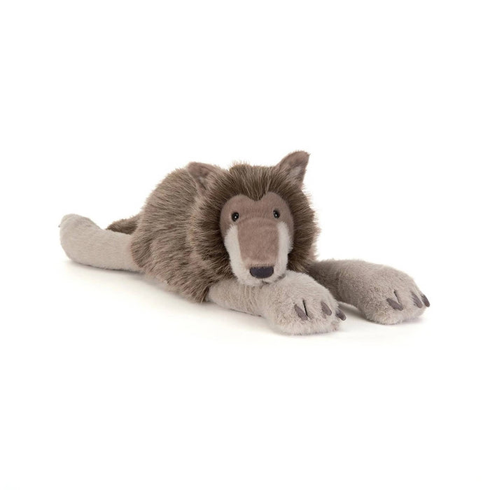 A plush stuffed animal shaped like a wolf, front angle view, lying down on a clean white background. The toy has a brown and gray body with a lighter beige muzzle and gray paws.